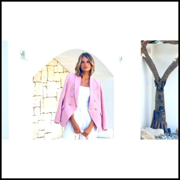 Tweed Blazer Double Breasted Slim Fit Long Sleeve Work Office Casual - Picture 7 of 7